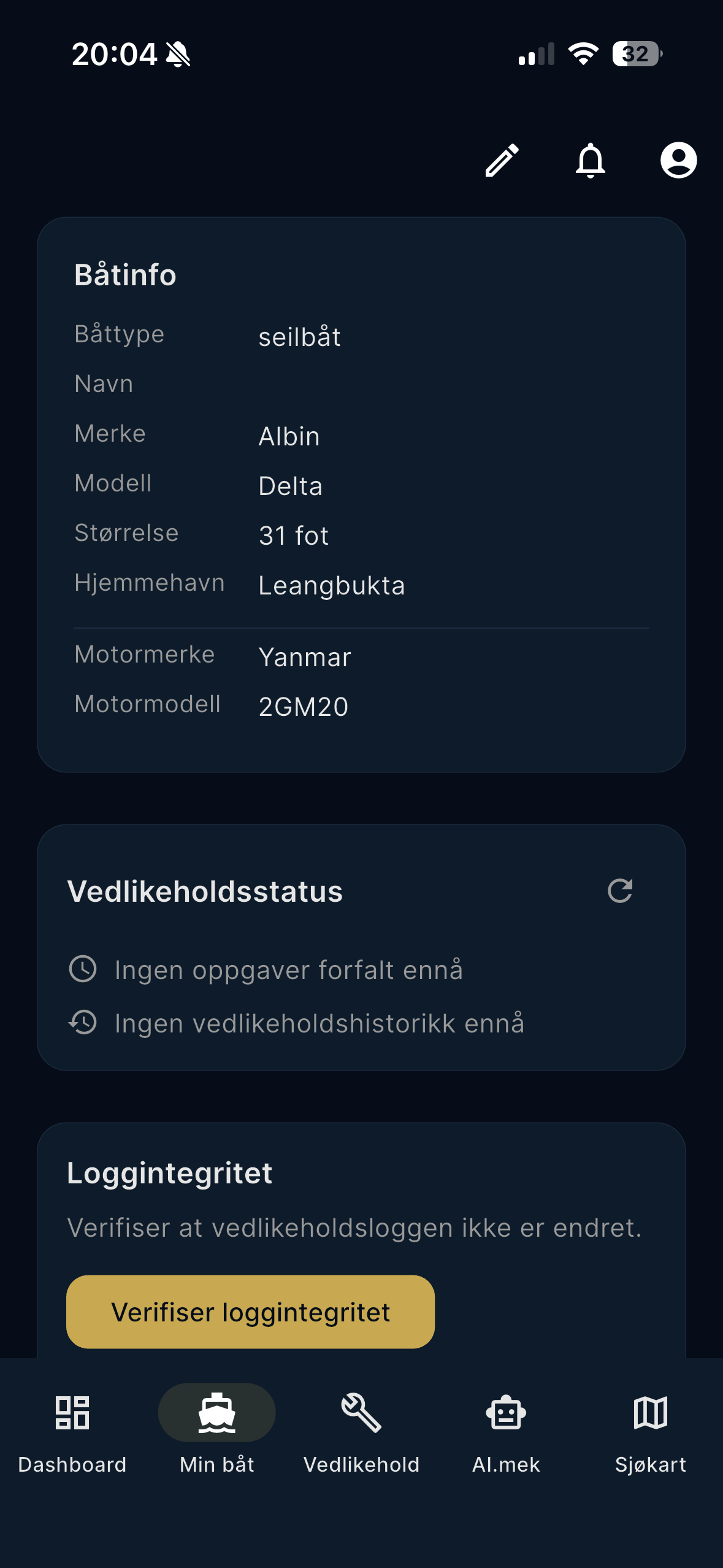 Min båt — båtinfo og vedlikeholdsstatus